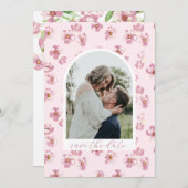Save The Date Fleurs Roses Rouges Romantique Script Arch Photo (Devant / Derrière)