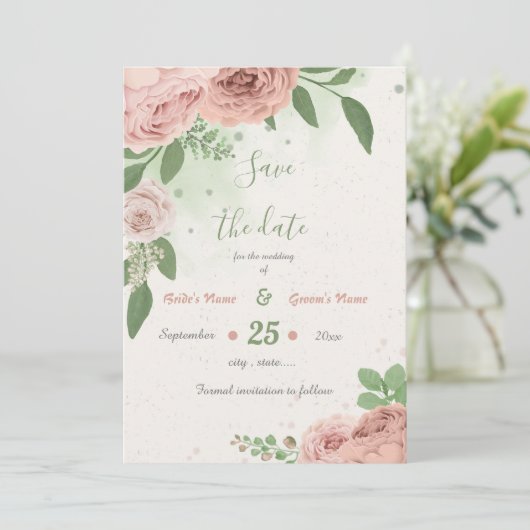 Save The Date fleurs roses rousses verdure botanique (Debout devant)