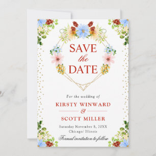 Save The Date Fleurs Rouge Jaune Bleu Couronne de Coeur Mariage