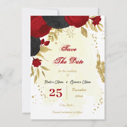 Save The Date fleurs rouges et noires or botanique (Devant)