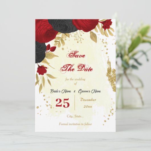 Save The Date fleurs rouges et noires or botanique (Debout devant)