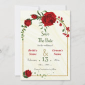 Save The Date fleurs rouges feuilles vertes cadre doré (Devant)