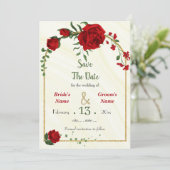 Save The Date fleurs rouges feuilles vertes cadre doré (Debout devant)