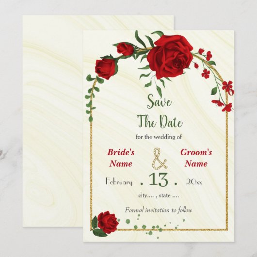 Save The Date fleurs rouges feuilles vertes cadre doré (Devant / Derrière)