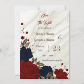 Save The Date fleurs rouges marine bronze feuille boanique (Devant)
