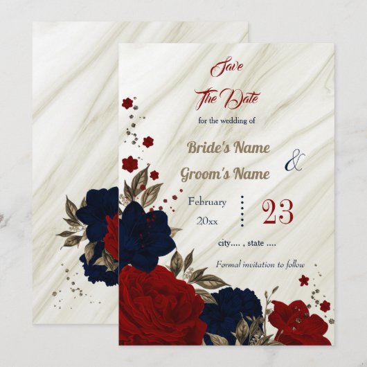 Save The Date fleurs rouges marine bronze feuille boanique (Devant / Derrière)