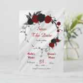 Save The Date fleurs rouges noires gris feuille couronne botaniq (Debout devant)