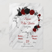 Save The Date fleurs rouges noires gris feuille couronne botaniq (Devant / Derrière)