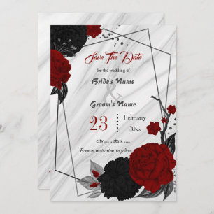 Save The Date fleurs rouges noires gris feuille marbre géométriq