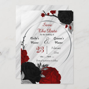 Save The Date fleurs rouges noires gris feuille marbre géométriq