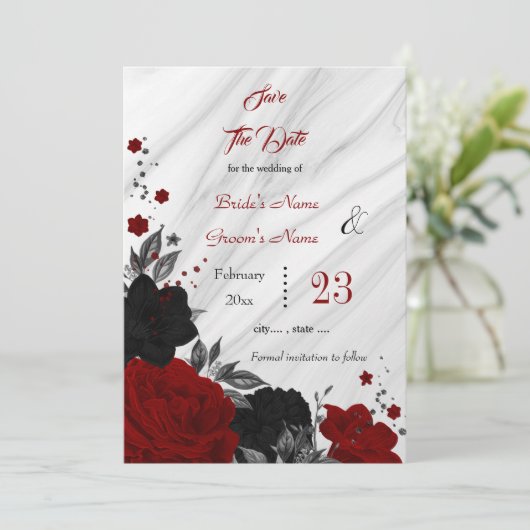 Save The Date fleurs rouges noires marbre feuille gris (Debout devant)