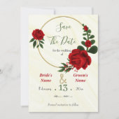 Save The Date fleurs rouges vert feuille or couronne (Devant)
