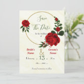Save The Date fleurs rouges vert feuille or couronne (Debout devant)