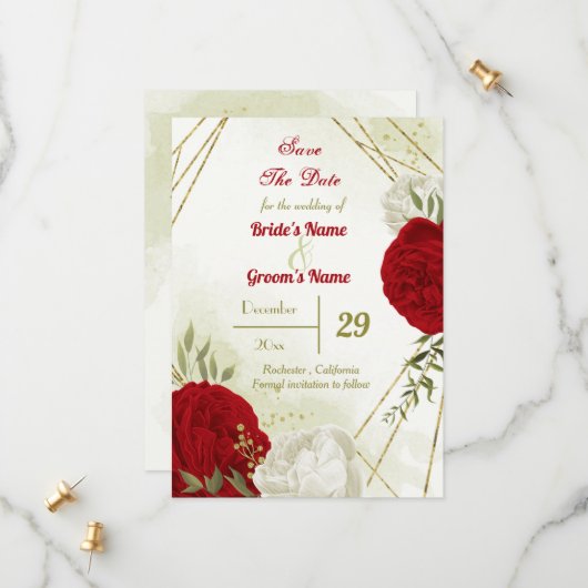 Save The Date fleurs rouges vert feuilles (Devant/Arrière en situation)