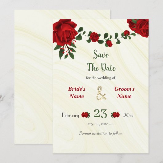Save The Date fleurs rouges vert feuilles (Devant / Derrière)