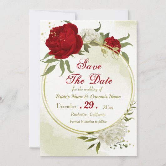Save The Date fleurs rouges vert feuilles (Devant)