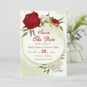 Save The Date fleurs rouges vert feuilles (Debout devant)