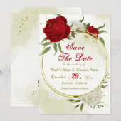 Save The Date fleurs rouges vert feuilles (Devant / Derrière)