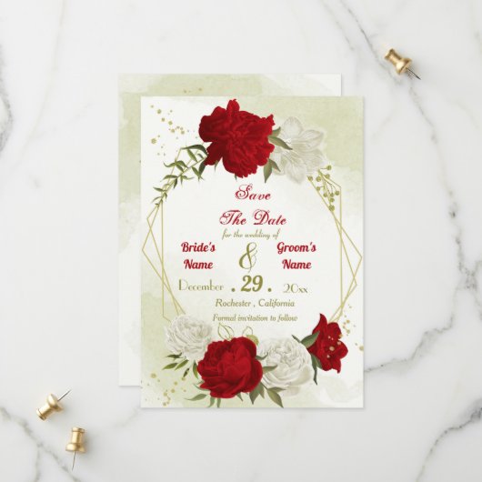 Save The Date fleurs rouges vert feuilles (Devant/Arrière en situation)