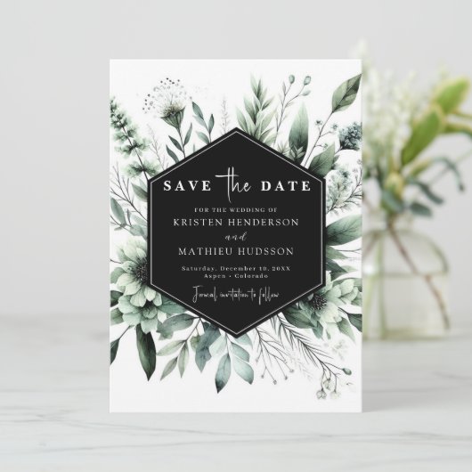 Save The Date Fleurs rustiques modifiables Mariage vert Sage (Debout devant)