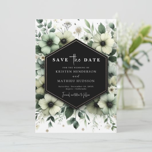 Save The Date Fleurs rustiques simples Mariage vert Sage (Debout devant)