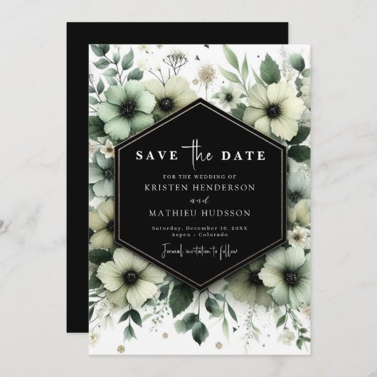 Save The Date Fleurs rustiques simples Mariage vert Sage (Devant / Derrière)