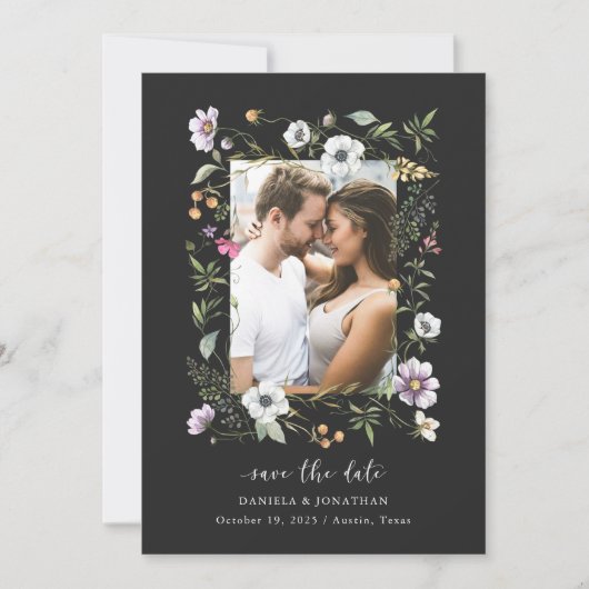 Save The Date Fleurs sauvages botaniques foncés | Photo et code  (Devant)