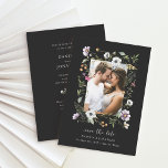 Save The Date Fleurs sauvages botaniques foncés | Photo et code<br><div class="desc">Ces mariages fantaisistes sauvegardez les cartes datées disposent d'un cadre de fleurs sauvages illustrés, colorés, rose, orange, violet et blanc et feuilles verts autour de votre photo personnelle, sur un gris fusain / arrière - plan noir. Le verso de la carte permet d'obtenir plus d'informations sur votre mariage, ainsi qu'un...</div>