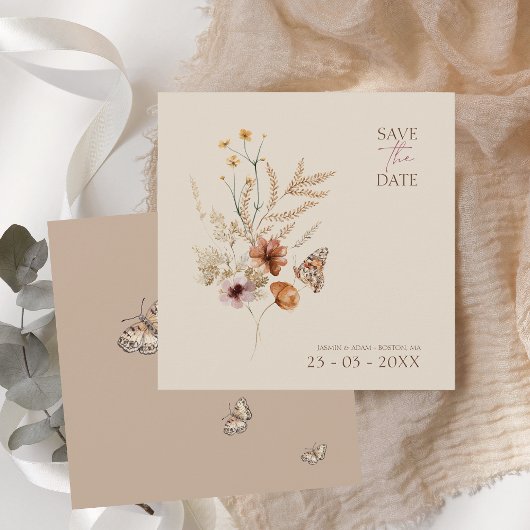 Save The Date Fleurs sauvages Brown Boho et Mariage de papillons