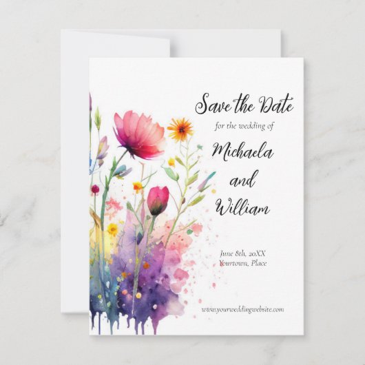 Save The Date Fleurs sauvages d'aquarelle mariage Enregistrer la (Devant)