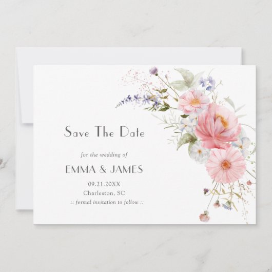 Save The Date Fleurs sauvages de jardin printanier mariage rose  (Devant)