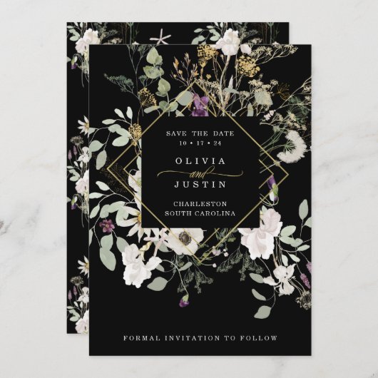 Save The Date Fleurs sauvages de minuit | Géométrique noire (Devant / Derrière)