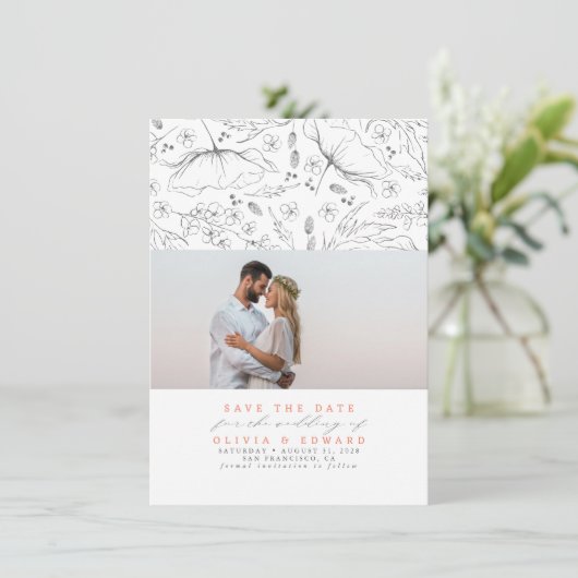 Save The Date Fleurs sauvages dessinés à la main Pêche Enregistr (Debout devant)