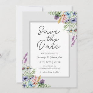 Save The Date Fleurs sauvages gris blanc dos photo mariage