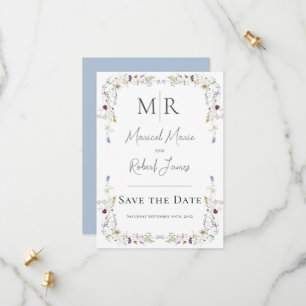 Save The Date Fleurs Sauvages Modernes Monogramme Mariage Bleu