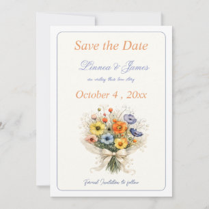 Save The Date Fleurs sauvages neutres douces Mariage ivoire bleu