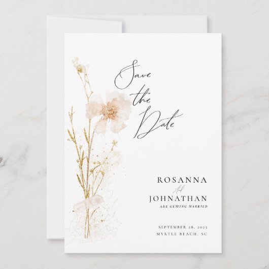 Save The Date Fleurs sauvages romantiques en or et blush (Devant)