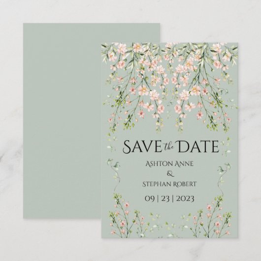Save The Date Fleurs sauvages rose blush mariage vert sauge (Devant / Derrière)