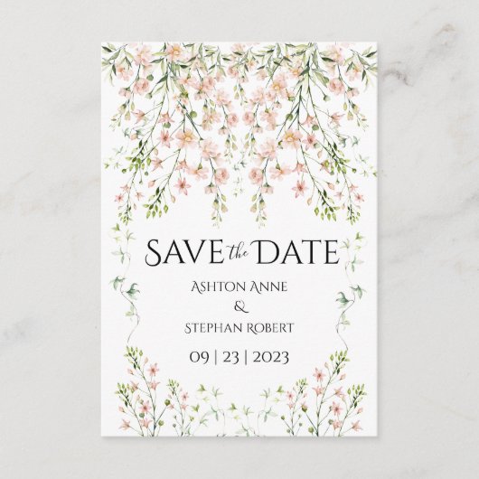 Save The Date Fleurs sauvages rose pâle Élégant Mariage floral (Devant)
