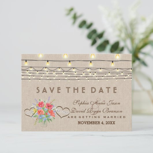 Save The Date Fleurs sauvages rustiques Mariage lin Enregistrer  (Debout devant)