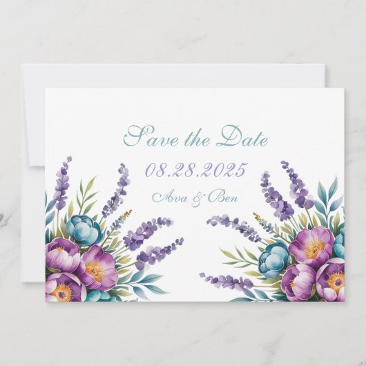 Save The Date Fleurs sauvages violettes turquoise Mariage (Devant)