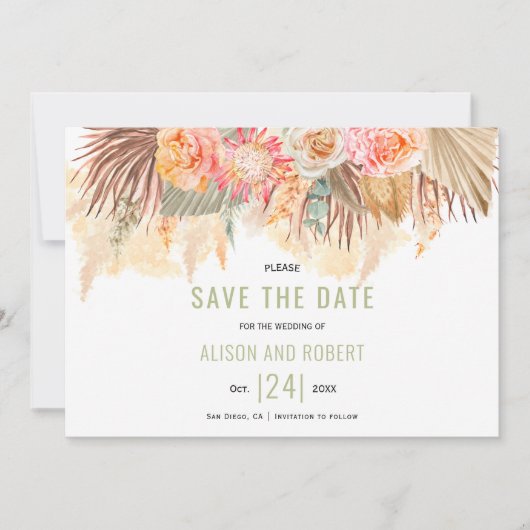 Save The Date Fleurs séchées et pampas herbe tachée sauge vert (Devant)