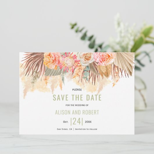 Save The Date Fleurs séchées et pampas herbe tachée sauge vert (Debout devant)