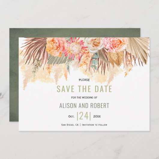 Save The Date Fleurs séchées et pampas herbe tachée vert (Devant / Derrière)