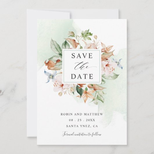 Save The Date Fleurs terrestres et Mariage floral vert Sage Écon (Devant)