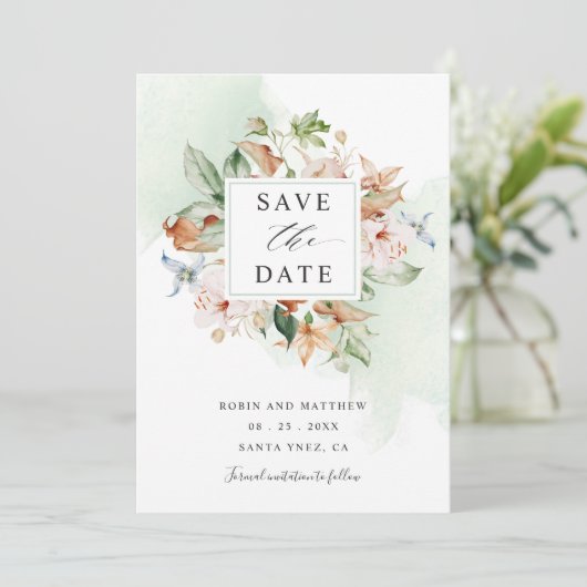 Save The Date Fleurs terrestres et Mariage floral vert Sage Écon (Debout devant)