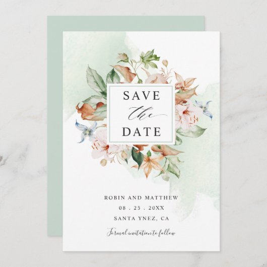 Save The Date Fleurs terrestres et Mariage floral vert Sage Écon (Devant / Derrière)