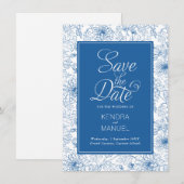 Save The Date Fleurs Toile Bleu Français Chinoiserie Mariage (Devant / Derrière)
