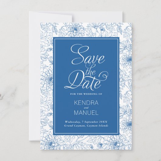 Save The Date Fleurs Toile Bleu Français Chinoiserie Mariage (Devant)