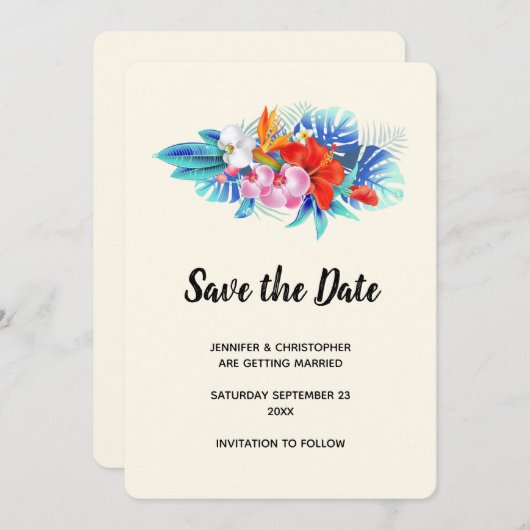 Save The Date Fleurs tropicales exotiques - Rose & Aqua (Devant / Derrière)